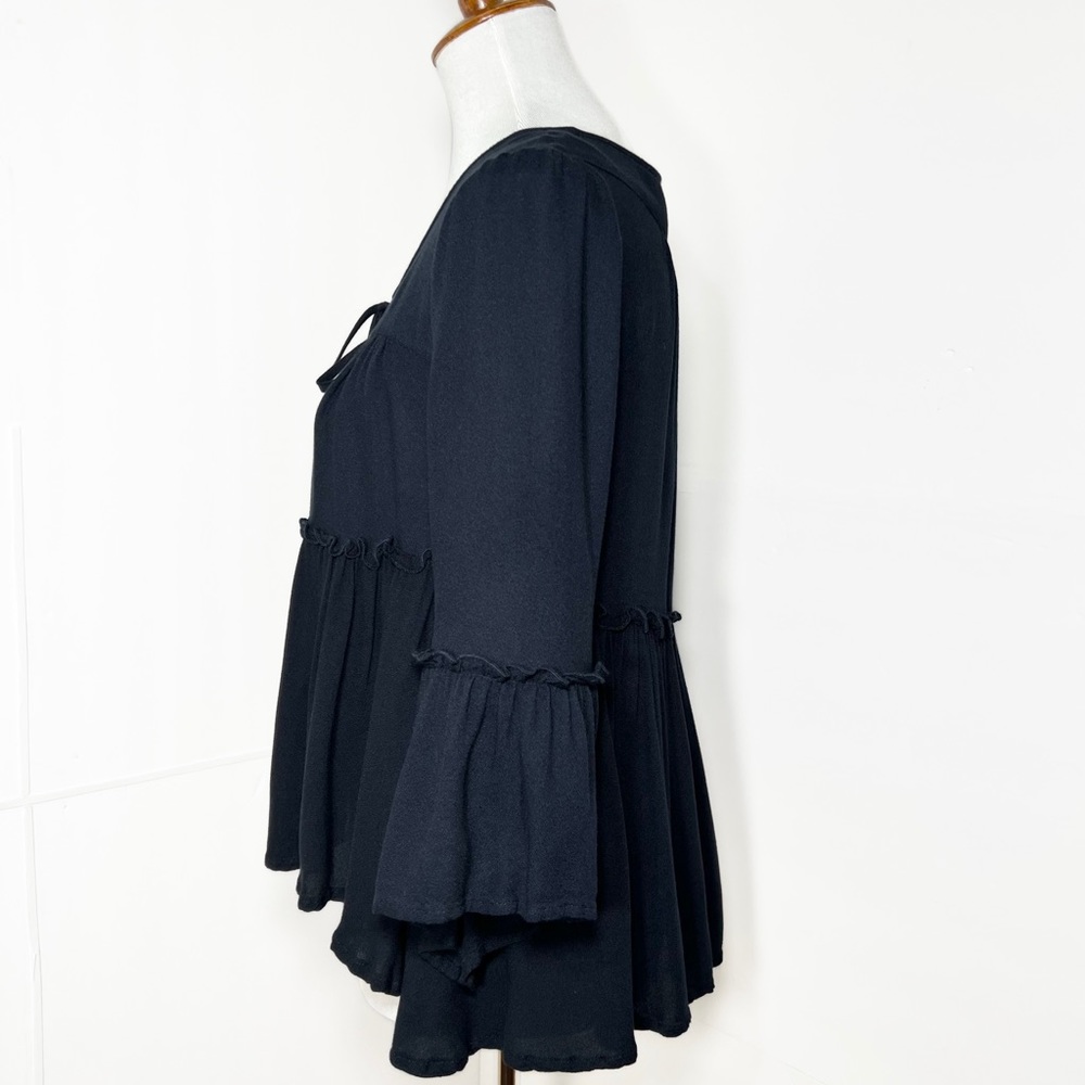 SOLD-Romeo+Juliet Couture Navy Blue Ruffled Tiered Bell Sleeve Tie Neck Top - Picture 4 of 10